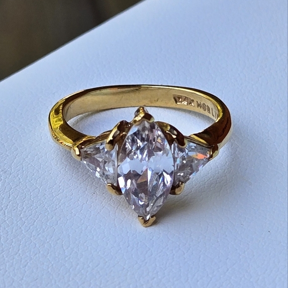14k gold plated ring size 7 signed George Lind and rhinestone marquis engagem… - Picture 1 of 13
